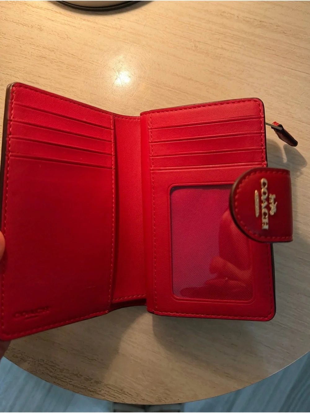 COACH Brown Signature Canvas Wallet with Red Accent